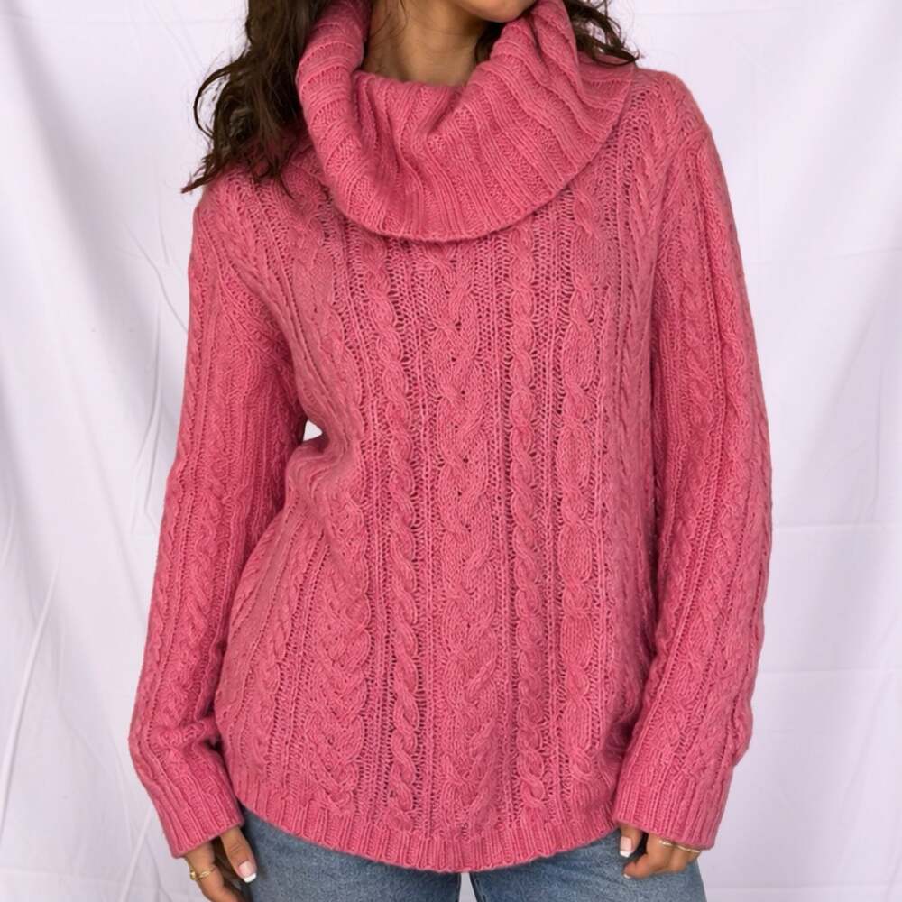 Vintage Jones New York Sport Pink Kid Mohair Cable Knit Turtleneck Sweater L